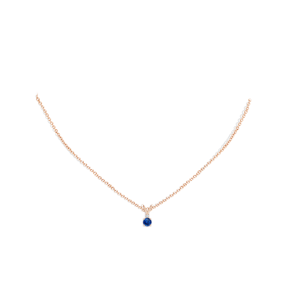 4mm AAA Round Blue Sapphire Solitaire V-Bale Pendant with Diamond in Rose Gold pen