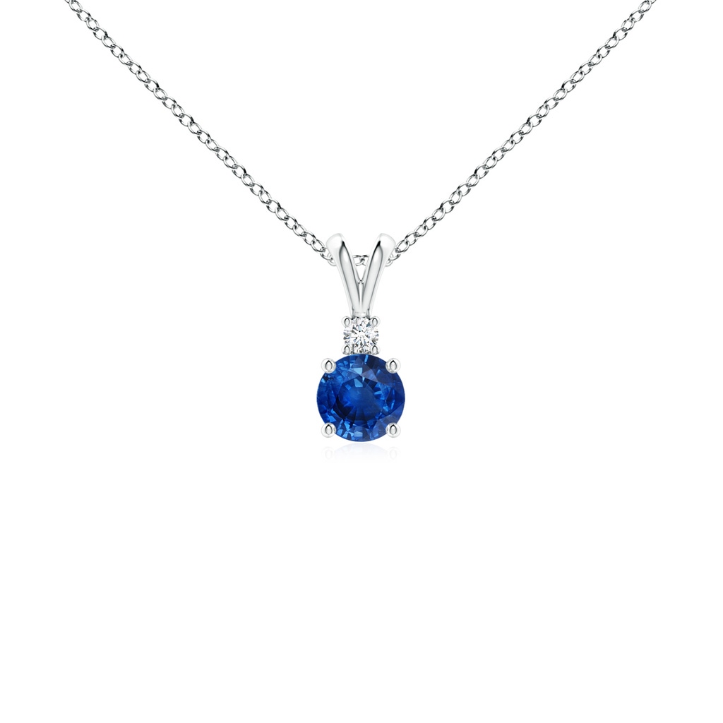 4mm AAA Round Blue Sapphire Solitaire V-Bale Pendant with Diamond in S999 Silver