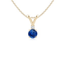 4mm AAA Round Blue Sapphire Solitaire V-Bale Pendant with Diamond in Yellow Gold