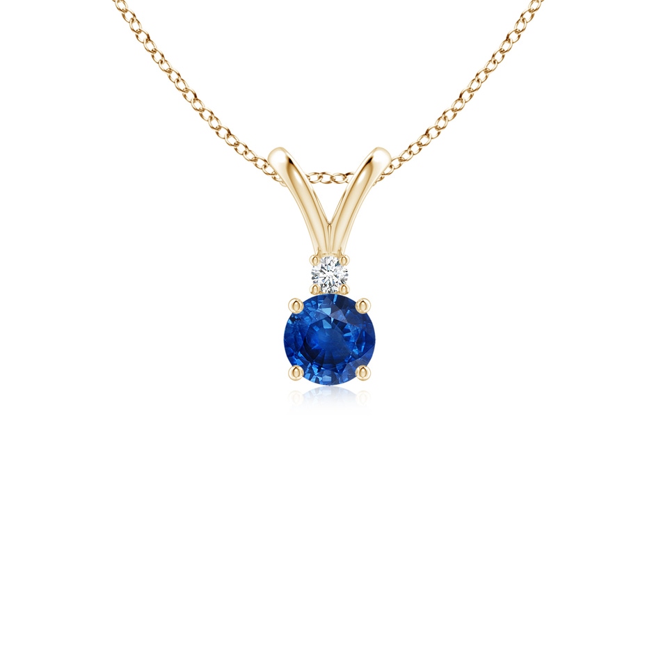 4mm AAA Round Blue Sapphire Solitaire V-Bale Pendant with Diamond in Yellow Gold 