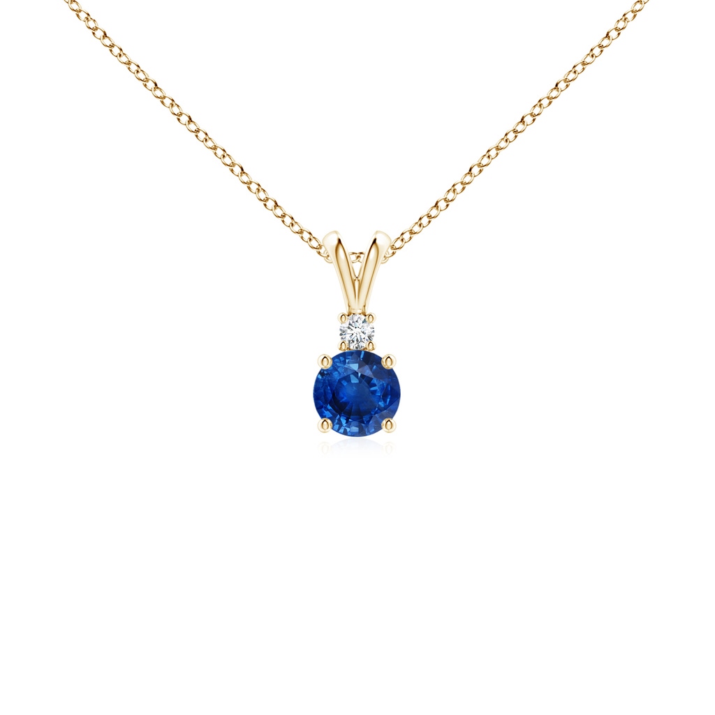 4mm AAA Round Blue Sapphire Solitaire V-Bale Pendant with Diamond in Yellow Gold