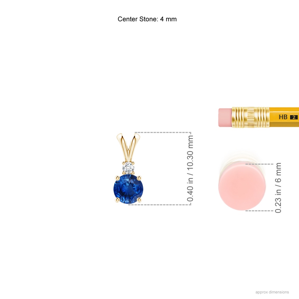 4mm AAA Round Blue Sapphire Solitaire V-Bale Pendant with Diamond in Yellow Gold ruler