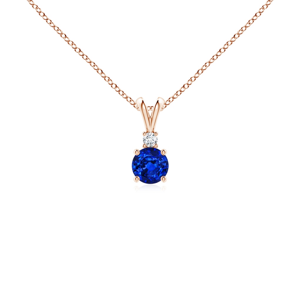 4mm AAAA Round Blue Sapphire Solitaire V-Bale Pendant with Diamond in Rose Gold