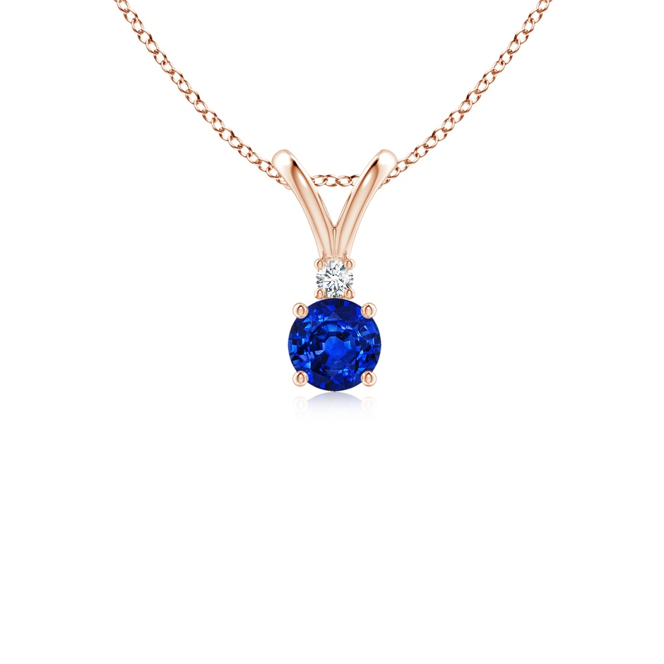 4mm AAAA Round Blue Sapphire Solitaire V-Bale Pendant with Diamond in Rose Gold 