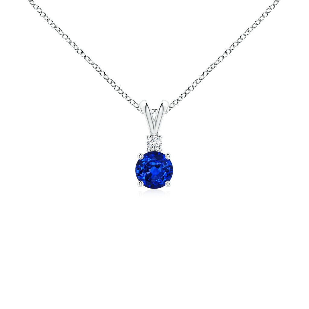 4mm AAAA Round Blue Sapphire Solitaire V-Bale Pendant with Diamond in White Gold