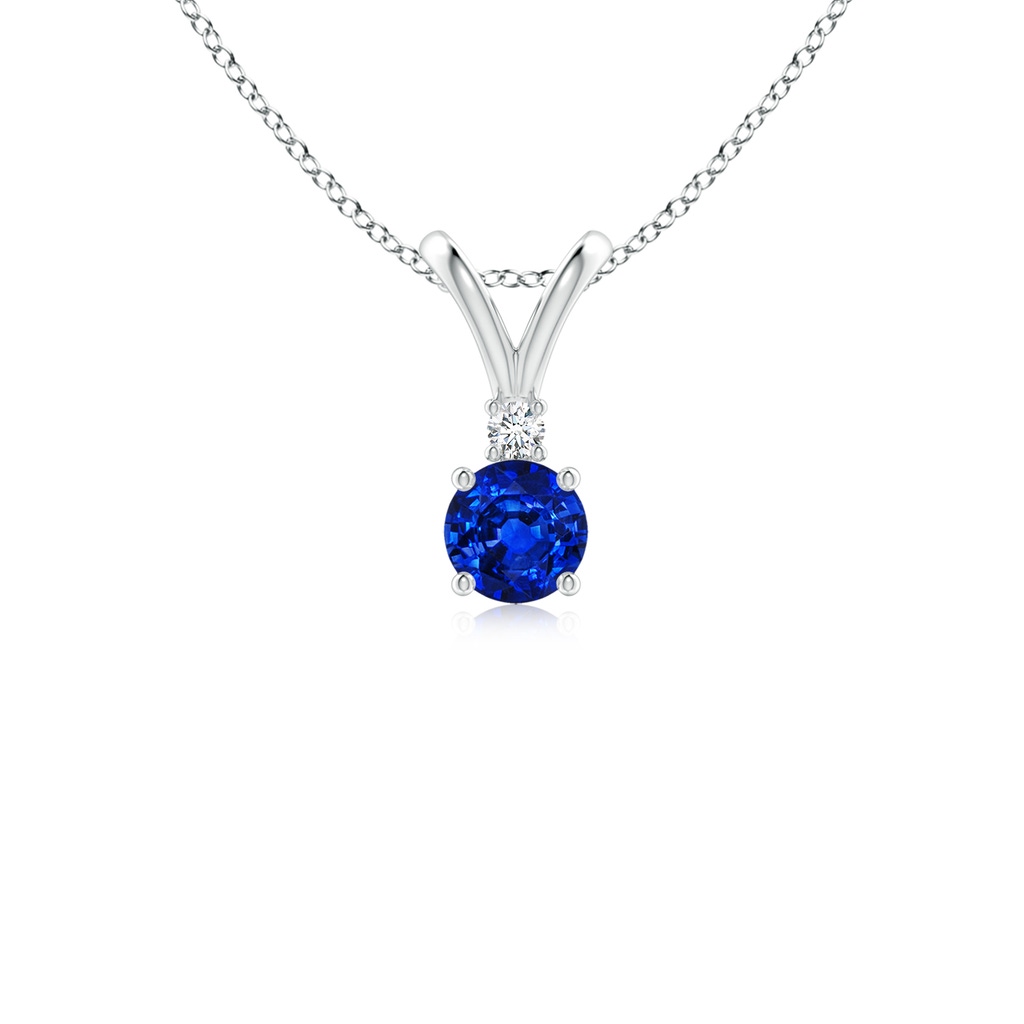 4mm AAAA Round Blue Sapphire Solitaire V-Bale Pendant with Diamond in White Gold