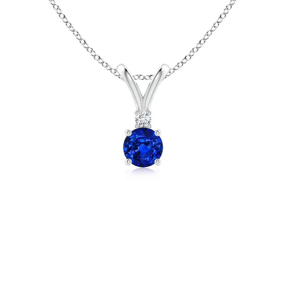 4mm AAAA Round Blue Sapphire Solitaire V-Bale Pendant with Diamond in White Gold 