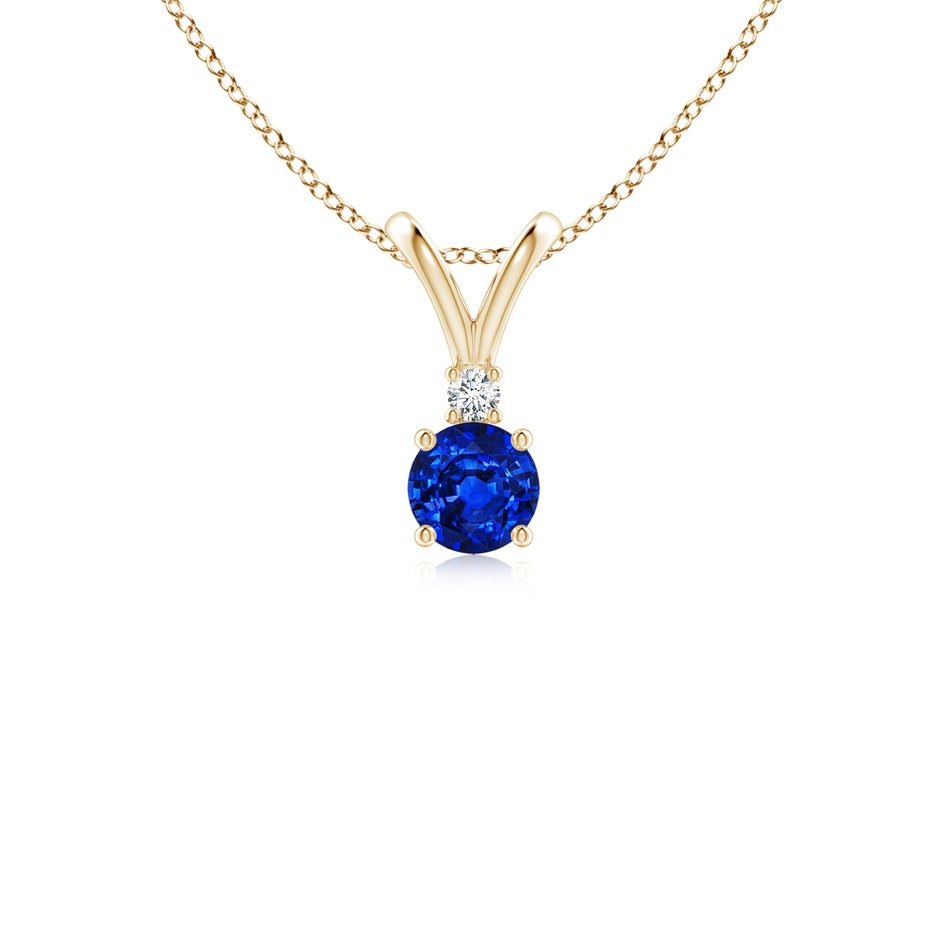 4mm AAAA Round Blue Sapphire Solitaire V-Bale Pendant with Diamond in Yellow Gold 