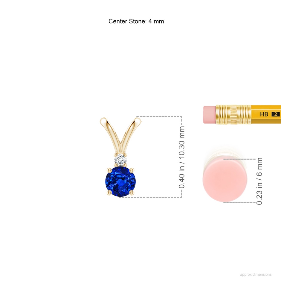4mm AAAA Round Blue Sapphire Solitaire V-Bale Pendant with Diamond in Yellow Gold ruler