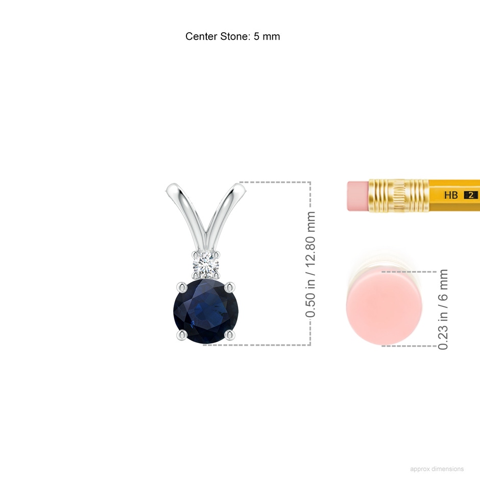 5mm A Round Blue Sapphire Solitaire V-Bale Pendant with Diamond in White Gold ruler