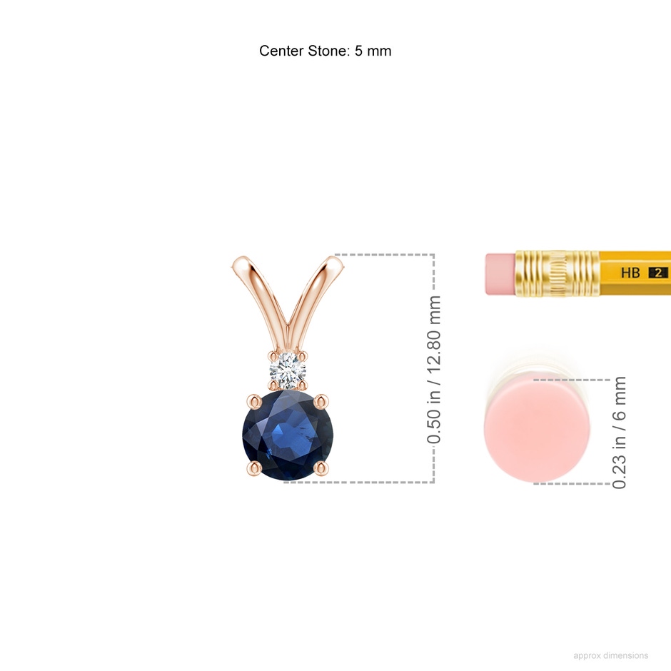 5mm AA Round Blue Sapphire Solitaire V-Bale Pendant with Diamond in Rose Gold ruler