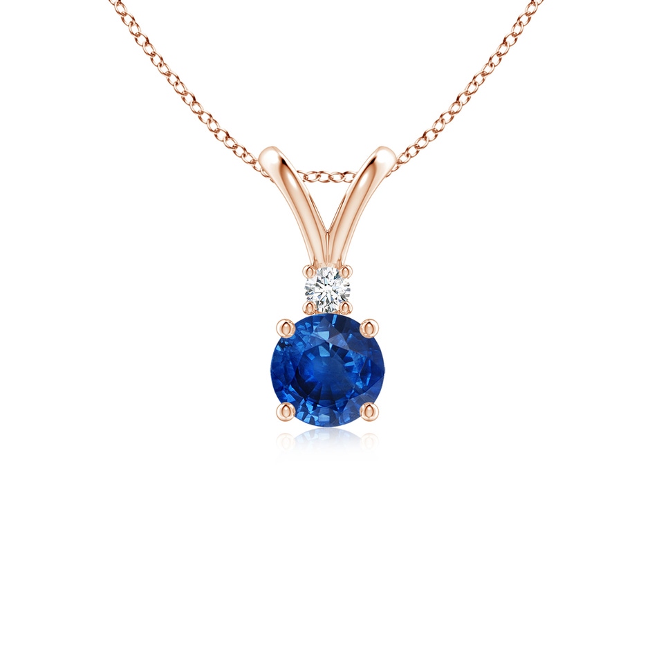 5mm AAA Round Blue Sapphire Solitaire V-Bale Pendant with Diamond in Rose Gold 