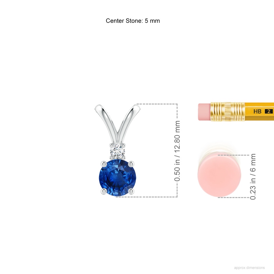 5mm AAA Round Blue Sapphire Solitaire V-Bale Pendant with Diamond in White Gold ruler