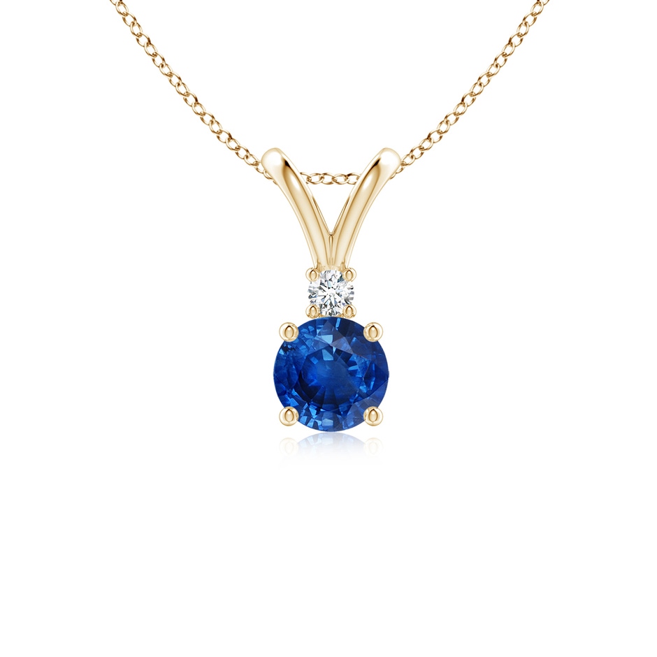 5mm AAA Round Blue Sapphire Solitaire V-Bale Pendant with Diamond in Yellow Gold 