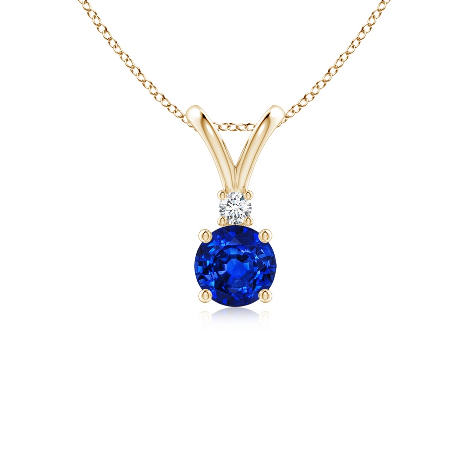 5mm AAAA Round Blue Sapphire Solitaire V-Bale Pendant with Diamond in Yellow Gold 