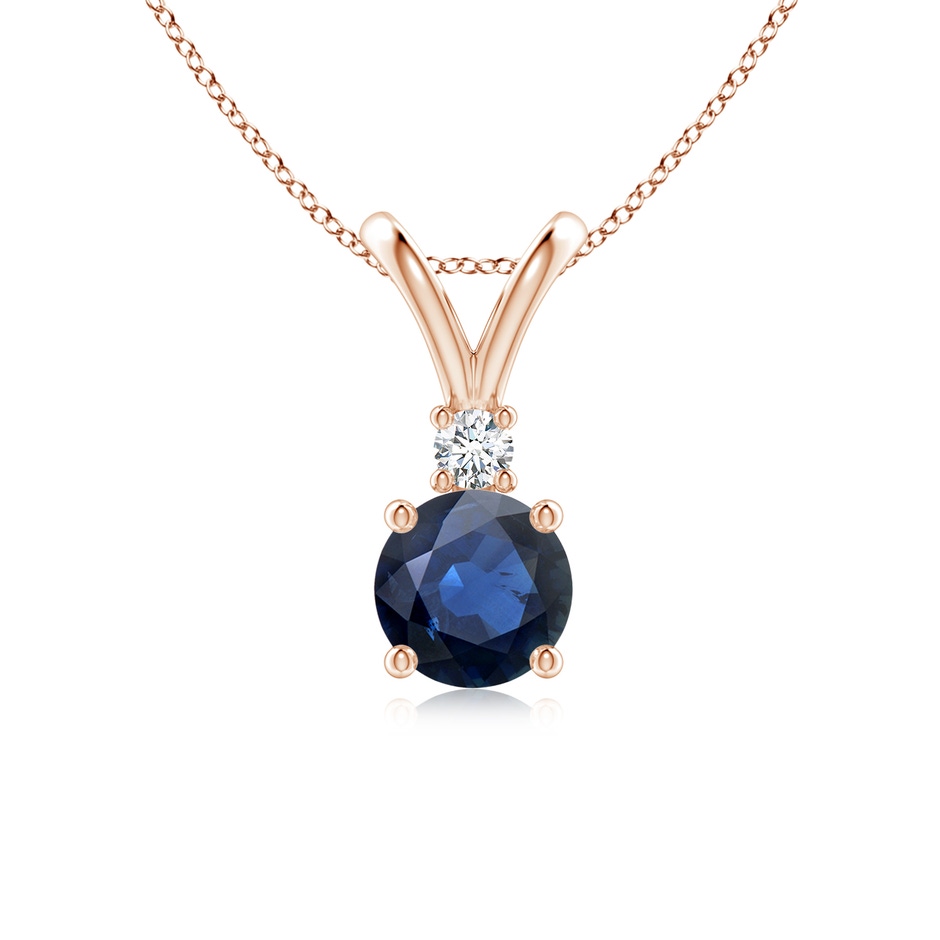 6mm AA Round Blue Sapphire Solitaire V-Bale Pendant with Diamond in Rose Gold 