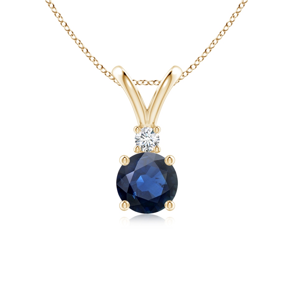 6mm AA Round Blue Sapphire Solitaire V-Bale Pendant with Diamond in Yellow Gold 