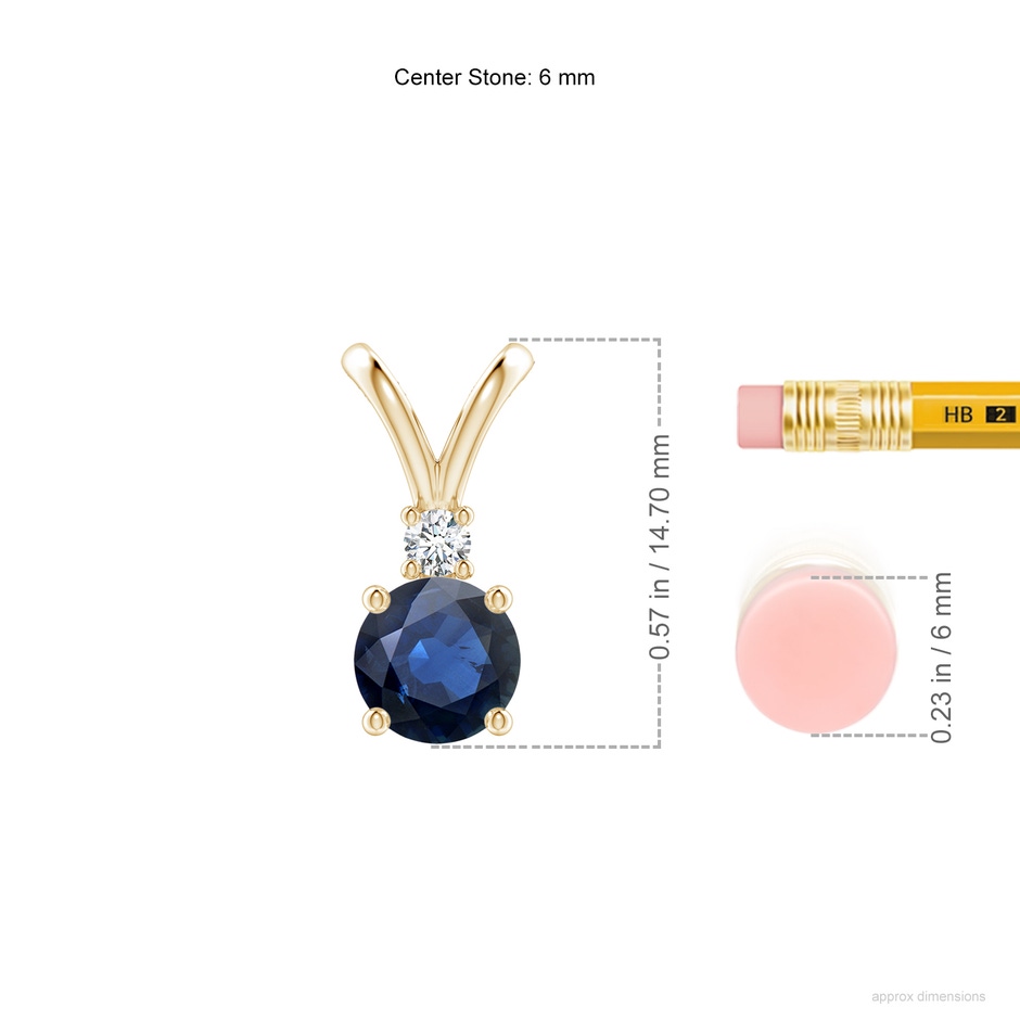6mm AA Round Blue Sapphire Solitaire V-Bale Pendant with Diamond in Yellow Gold ruler