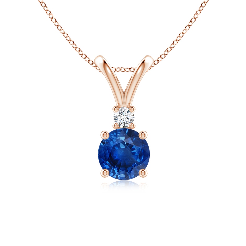 6mm AAA Round Blue Sapphire Solitaire V-Bale Pendant with Diamond in Rose Gold 