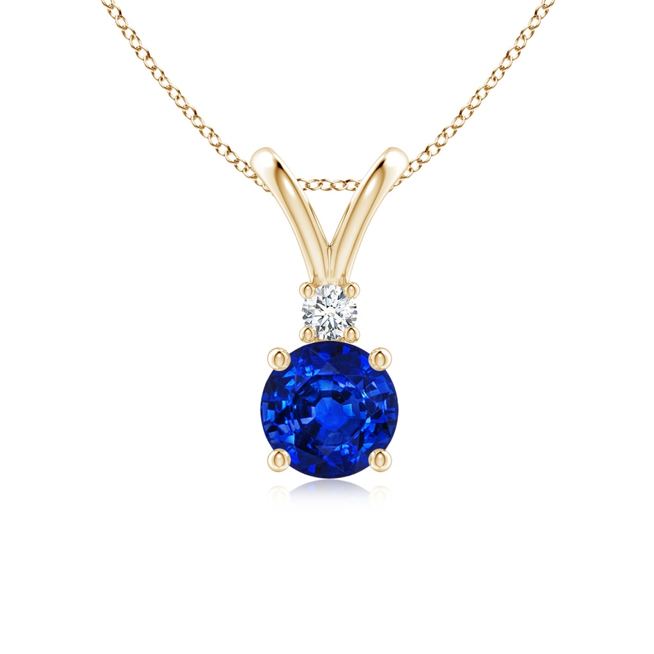 6mm AAAA Round Blue Sapphire Solitaire V-Bale Pendant with Diamond in Yellow Gold 