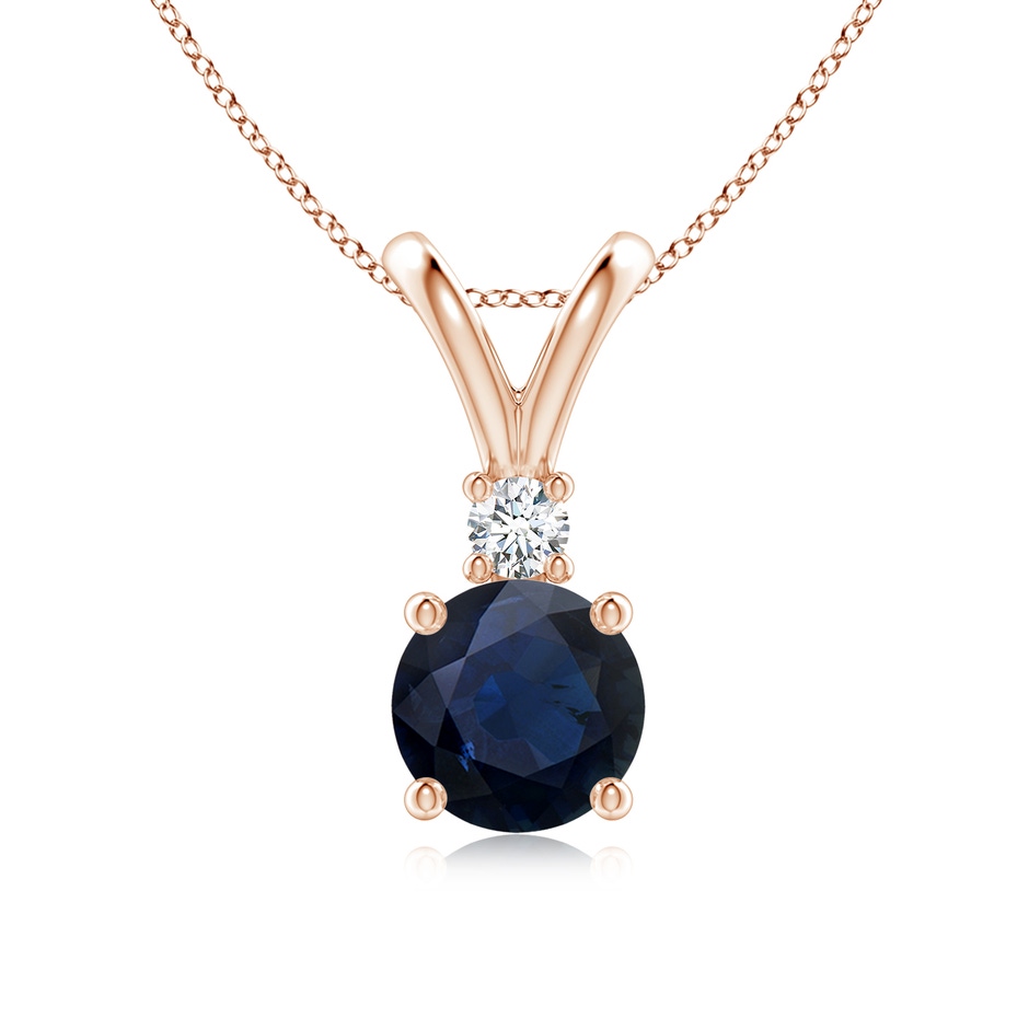 7mm A Round Blue Sapphire Solitaire V-Bale Pendant with Diamond in Rose Gold 