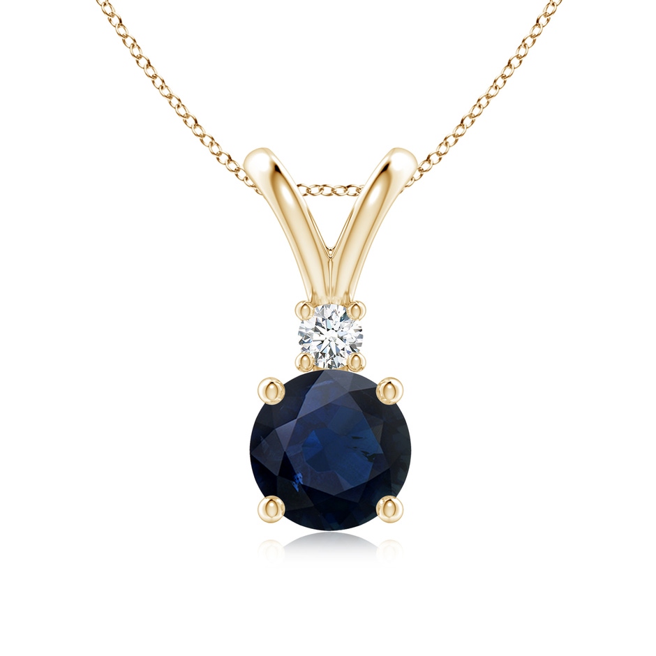 7mm A Round Blue Sapphire Solitaire V-Bale Pendant with Diamond in Yellow Gold 