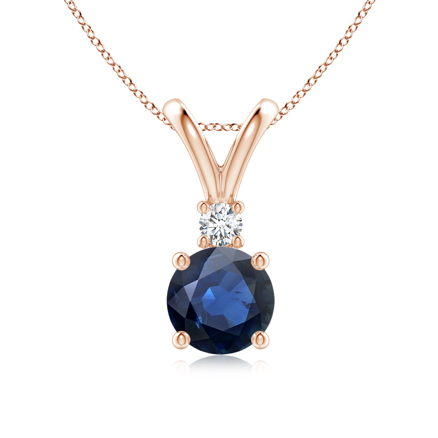 7mm AA Round Blue Sapphire Solitaire V-Bale Pendant with Diamond in Rose Gold
