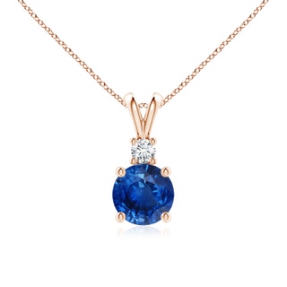 7mm AAA Round Blue Sapphire Solitaire V-Bale Pendant with Diamond in Rose Gold