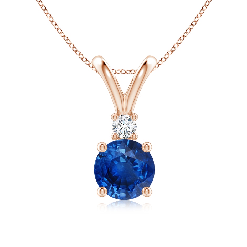 7mm AAA Round Blue Sapphire Solitaire V-Bale Pendant with Diamond in Rose Gold 