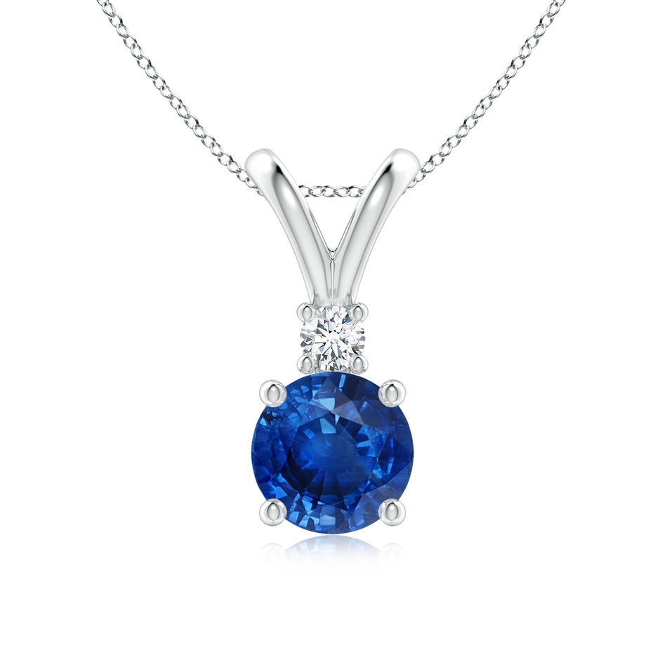 7mm AAA Round Blue Sapphire Solitaire V-Bale Pendant with Diamond in White Gold 