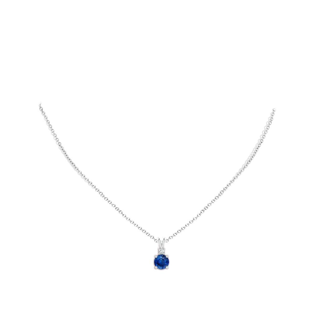 7mm AAA Round Blue Sapphire Solitaire V-Bale Pendant with Diamond in White Gold pen