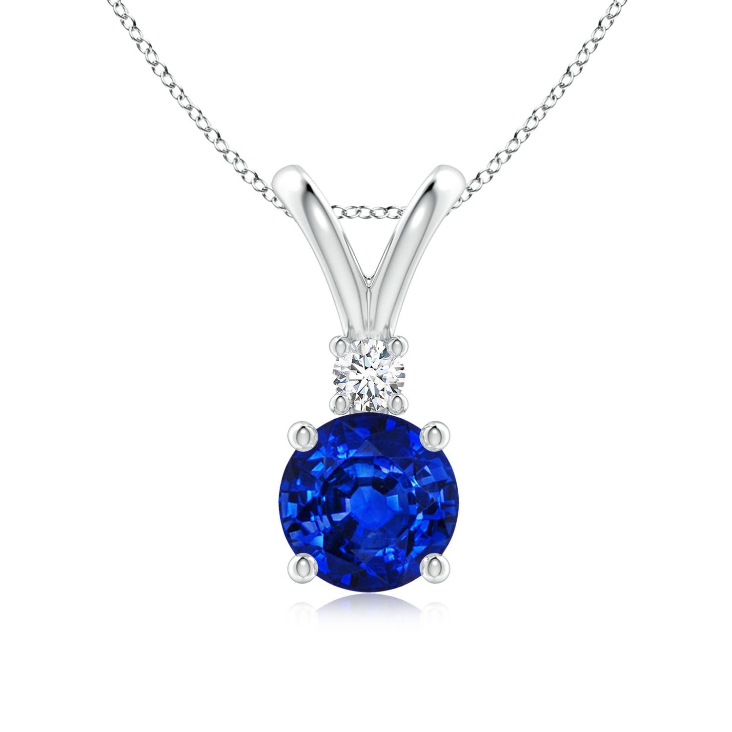7mm AAAA Round Blue Sapphire Solitaire V-Bale Pendant with Diamond in P950 Platinum