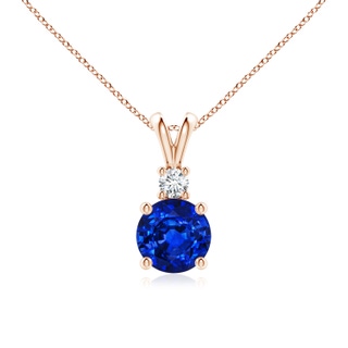 7mm AAAA Round Blue Sapphire Solitaire V-Bale Pendant with Diamond in Rose Gold