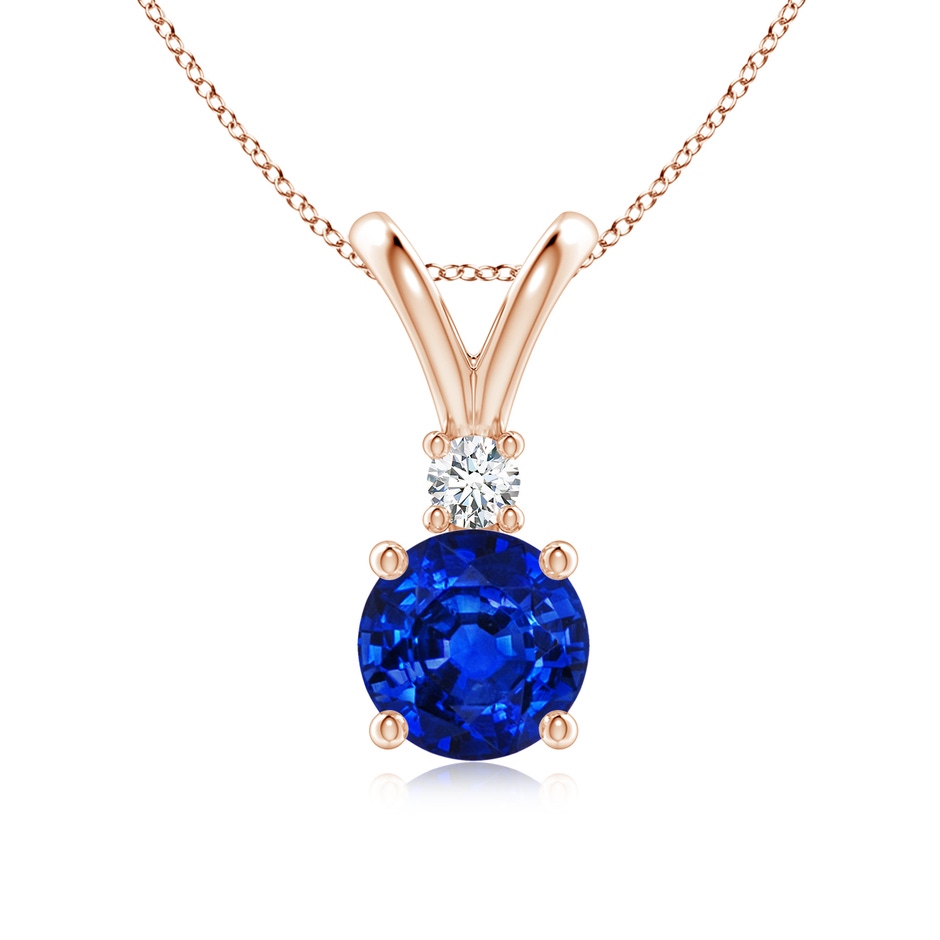7mm AAAA Round Blue Sapphire Solitaire V-Bale Pendant with Diamond in Rose Gold 