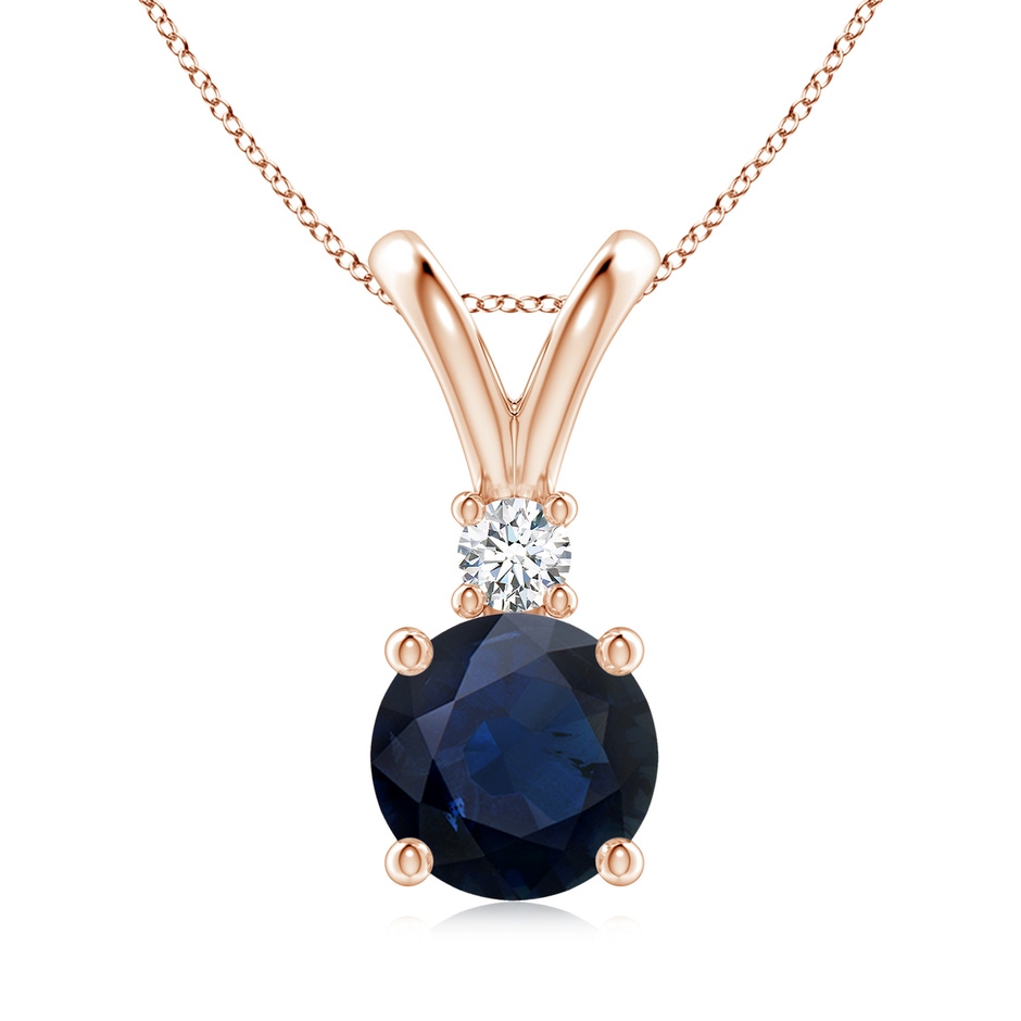 8mm A Round Blue Sapphire Solitaire V-Bale Pendant with Diamond in Rose Gold 