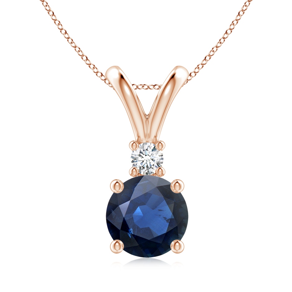 8mm AA Round Blue Sapphire Solitaire V-Bale Pendant with Diamond in Rose Gold 