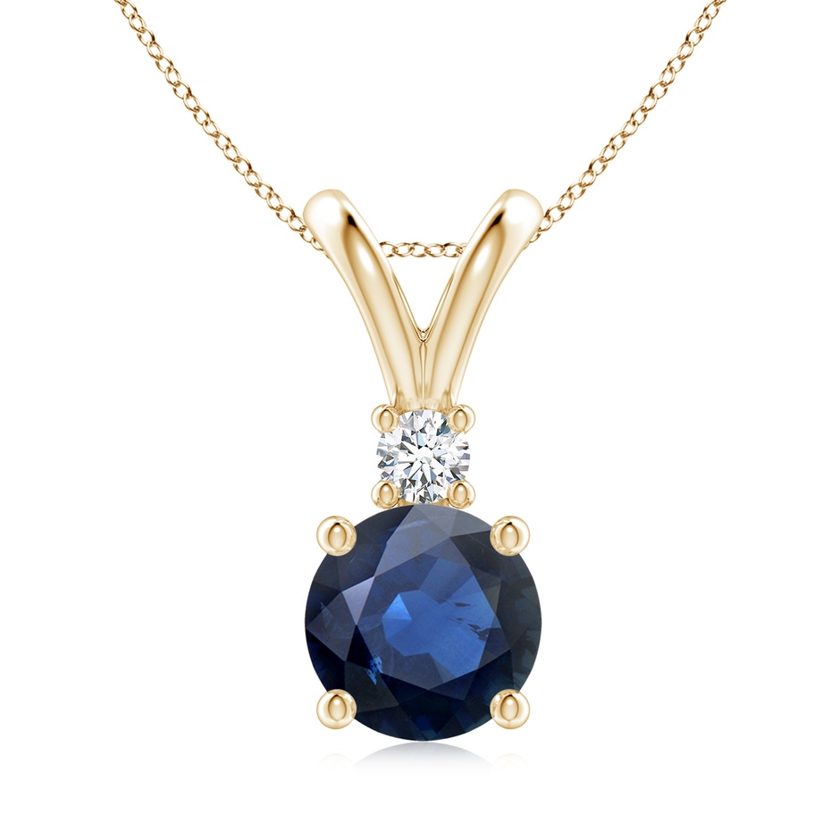 8mm AA Round Blue Sapphire Solitaire V-Bale Pendant with Diamond in Yellow Gold 