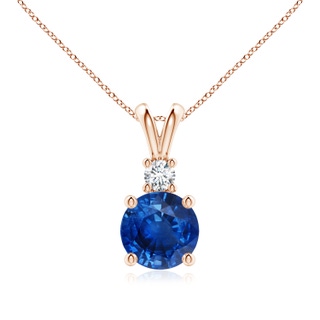 8mm AAA Round Blue Sapphire Solitaire V-Bale Pendant with Diamond in 10K Rose Gold