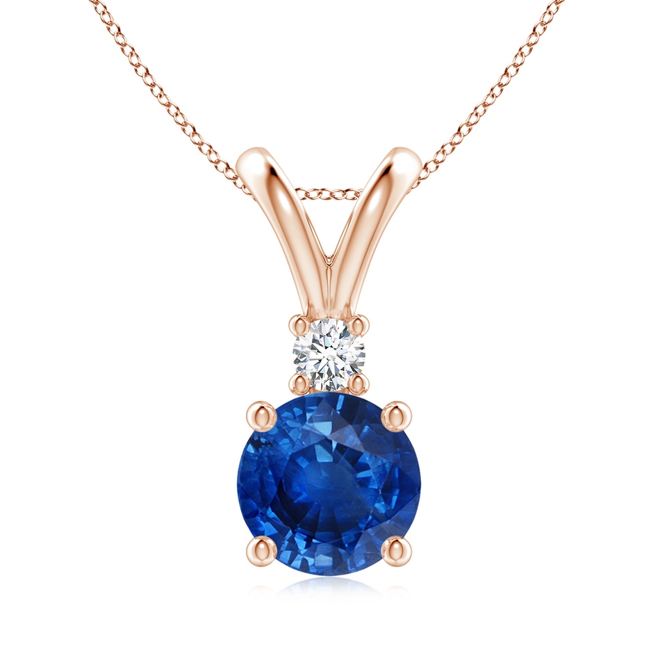 8mm AAA Round Blue Sapphire Solitaire V-Bale Pendant with Diamond in Rose Gold 
