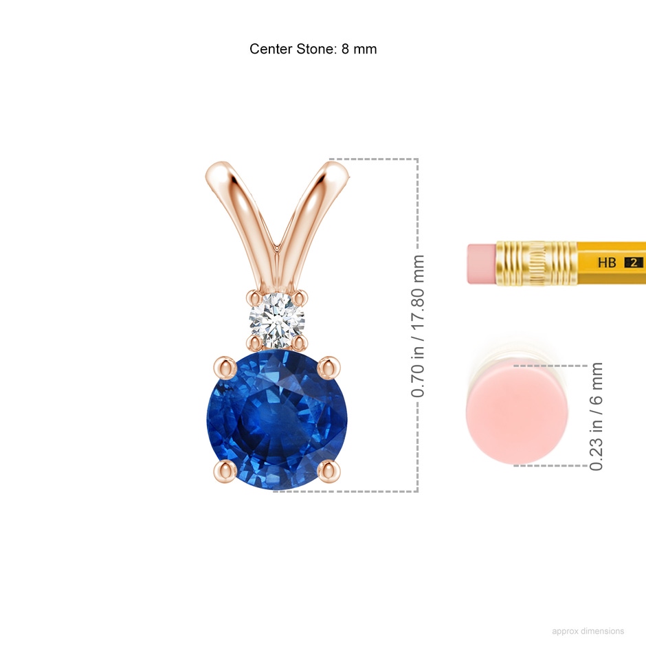 8mm AAA Round Blue Sapphire Solitaire V-Bale Pendant with Diamond in Rose Gold ruler