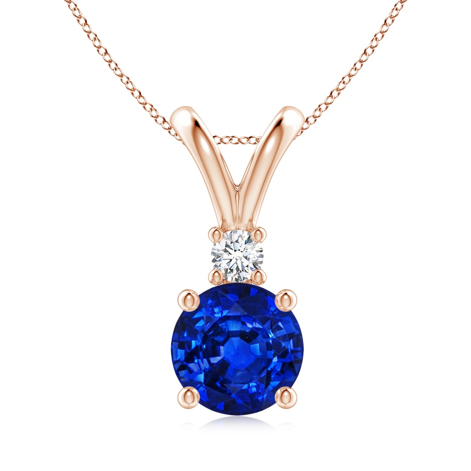 8mm AAAA Round Blue Sapphire Solitaire V-Bale Pendant with Diamond in Rose Gold 