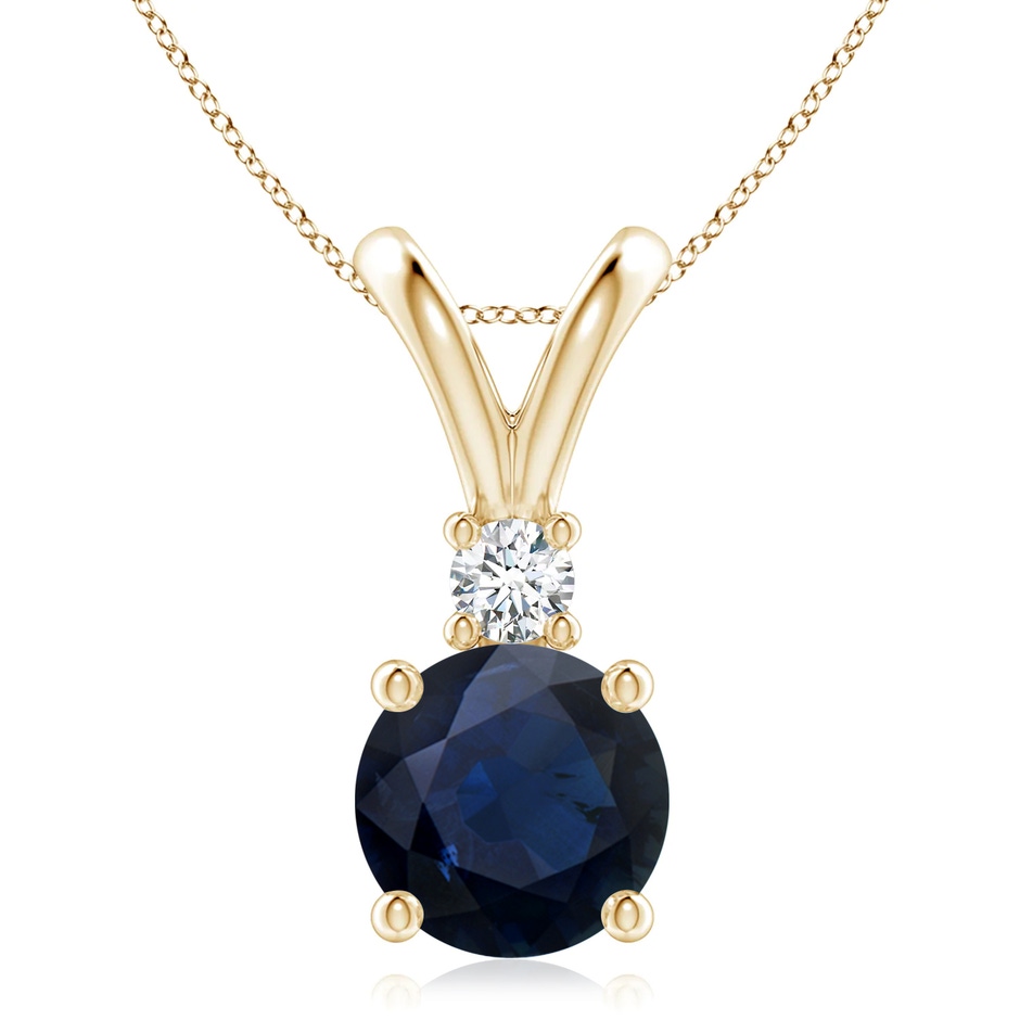 9mm A Round Blue Sapphire Solitaire V-Bale Pendant with Diamond in Yellow Gold 