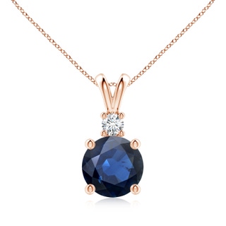 9mm AA Round Blue Sapphire Solitaire V-Bale Pendant with Diamond in Rose Gold
