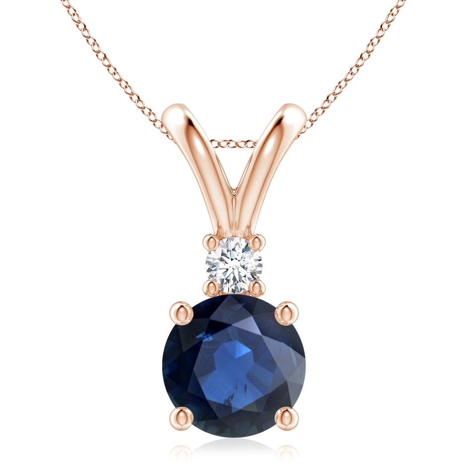 9mm AA Round Blue Sapphire Solitaire V-Bale Pendant with Diamond in Rose Gold 