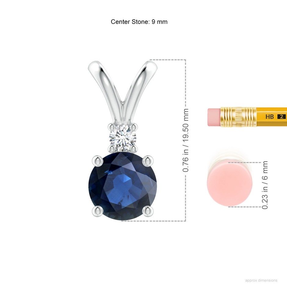 9mm AA Round Blue Sapphire Solitaire V-Bale Pendant with Diamond in S999 Silver ruler