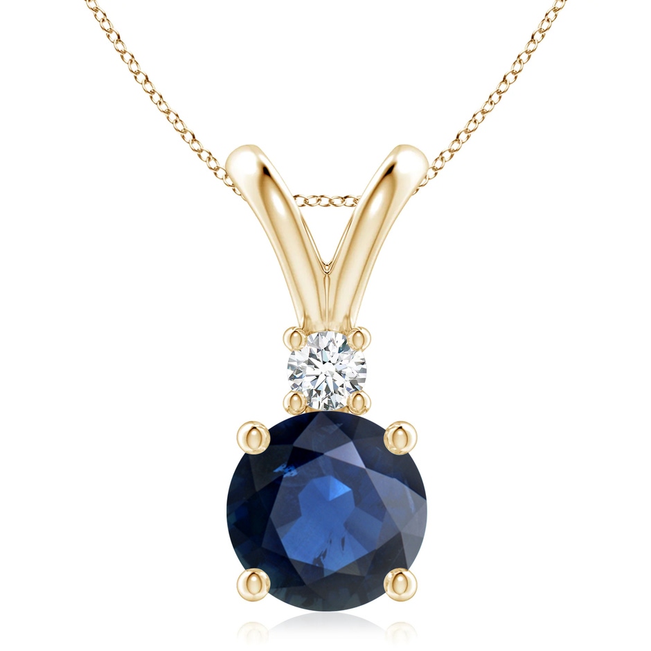 9mm AA Round Blue Sapphire Solitaire V-Bale Pendant with Diamond in Yellow Gold 