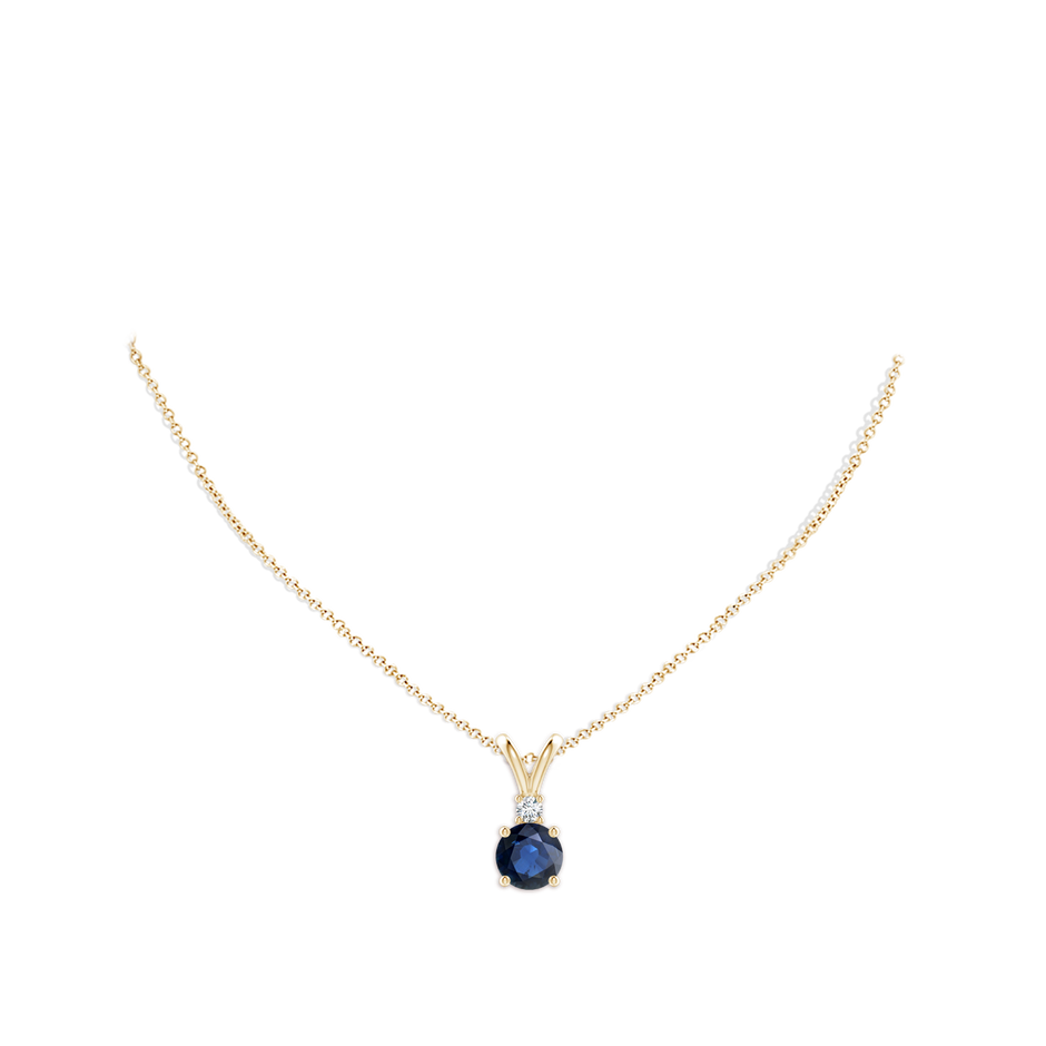 9mm AA Round Blue Sapphire Solitaire V-Bale Pendant with Diamond in Yellow Gold pen