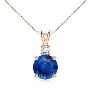 9mm AAA Round Blue Sapphire Solitaire V-Bale Pendant with Diamond in Rose Gold