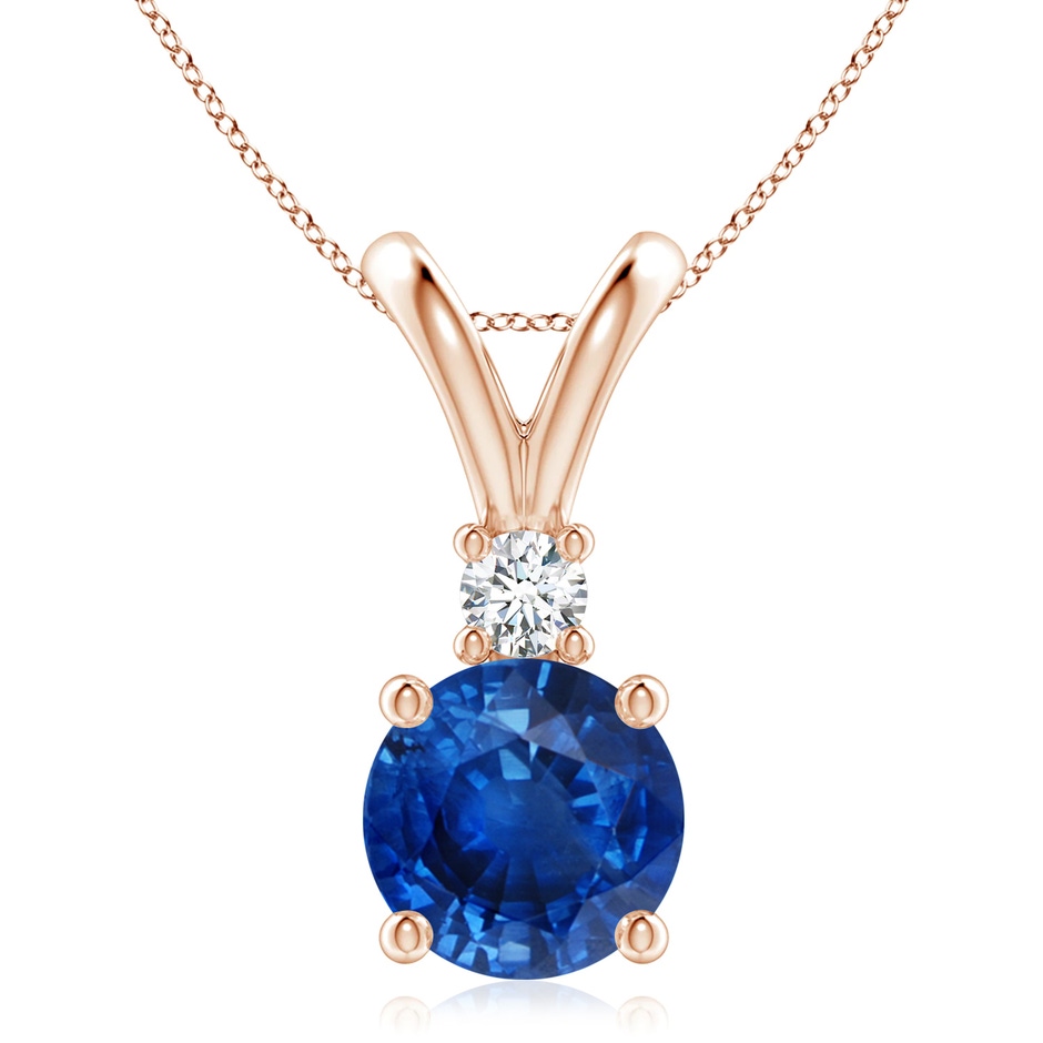 9mm AAA Round Blue Sapphire Solitaire V-Bale Pendant with Diamond in Rose Gold 
