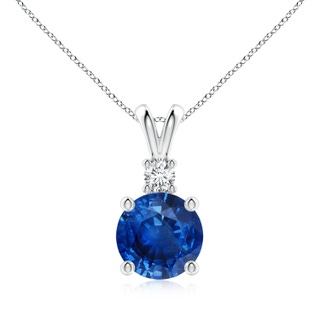 9mm AAA Round Blue Sapphire Solitaire V-Bale Pendant with Diamond in S999 Silver